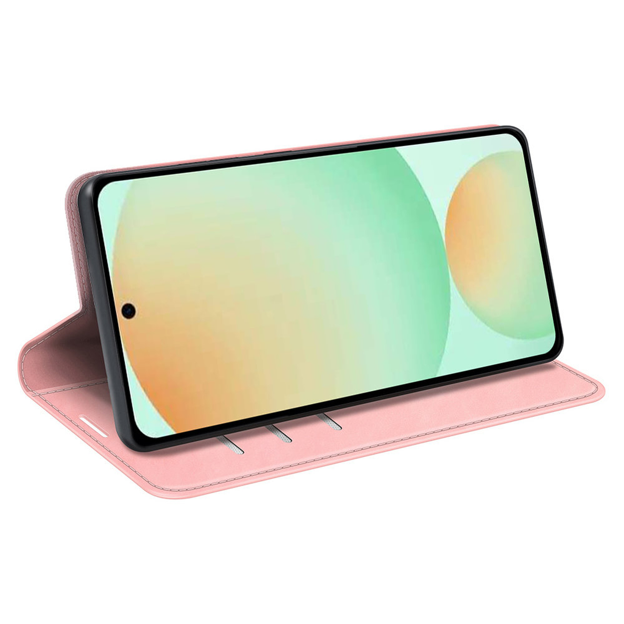 Étui de téléphone rose avec un téléphone à l'intérieur, affichant un fond dégradé vert et orange. L'étui est ouvert, révélant le téléphone.