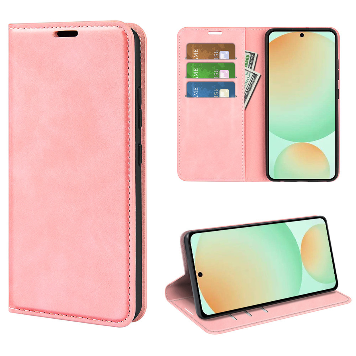 Étui de téléphone rose avec un téléphone à l'intérieur, affichant un écran avec un dégradé vert clair et orange, cartes et argent.