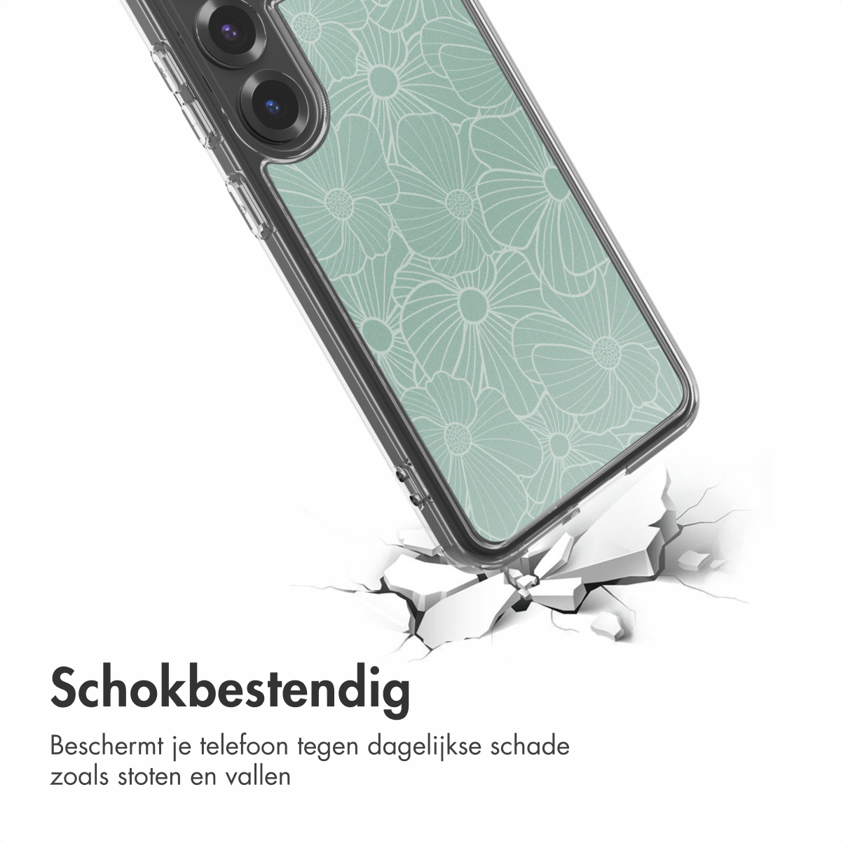 Een telefoon in een hoesje breekt een wit oppervlak. De hoes heeft een bloemmotief op een lichtgroene achtergrond.