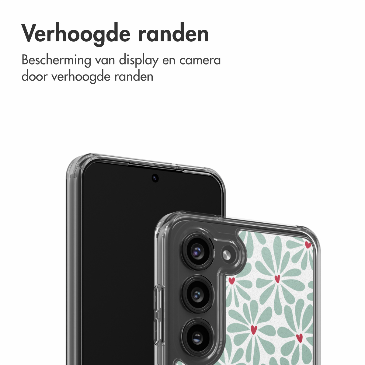 Er worden twee smartphones in beschermhoezen getoond. Eén is zwart, de andere heeft een bloemmotief met groene bloemblaadjes en rode harten.