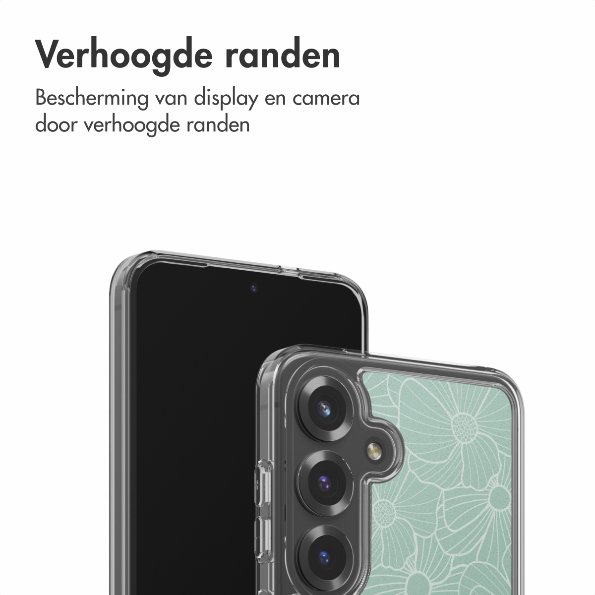 Twee smartphones in transparante hoesjes. Eén toont het scherm, de andere heeft een bloemenpatroon. Tekst in het Nederlands bovenaan.
