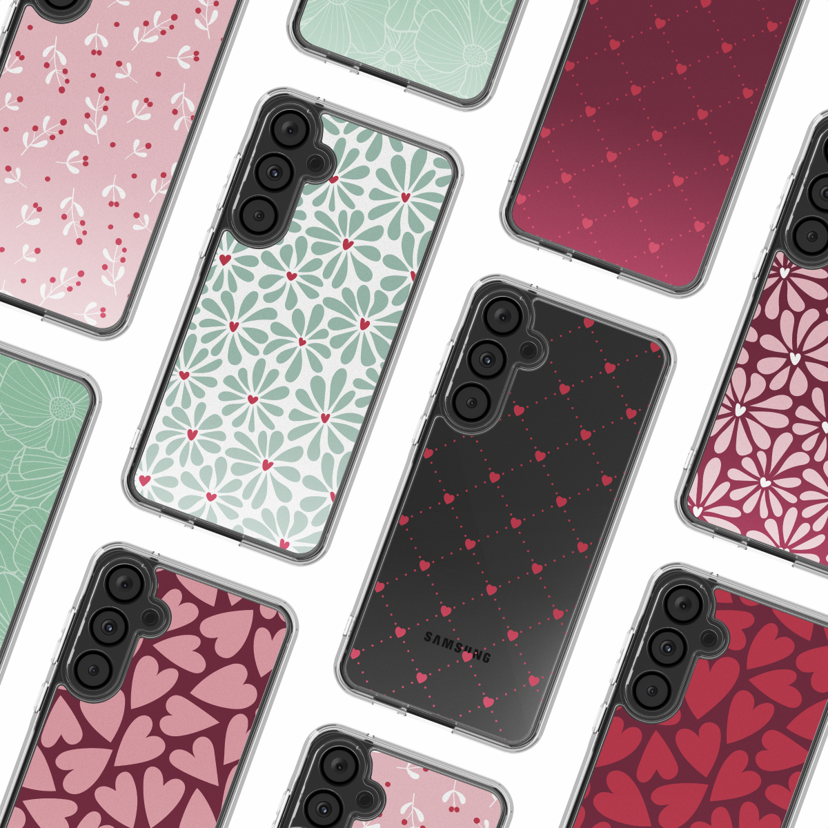 Collectie Samsung telefoonhoesjes met verschillende patronen: bloemen, harten en abstracte ontwerpen in roze, groen en rood.