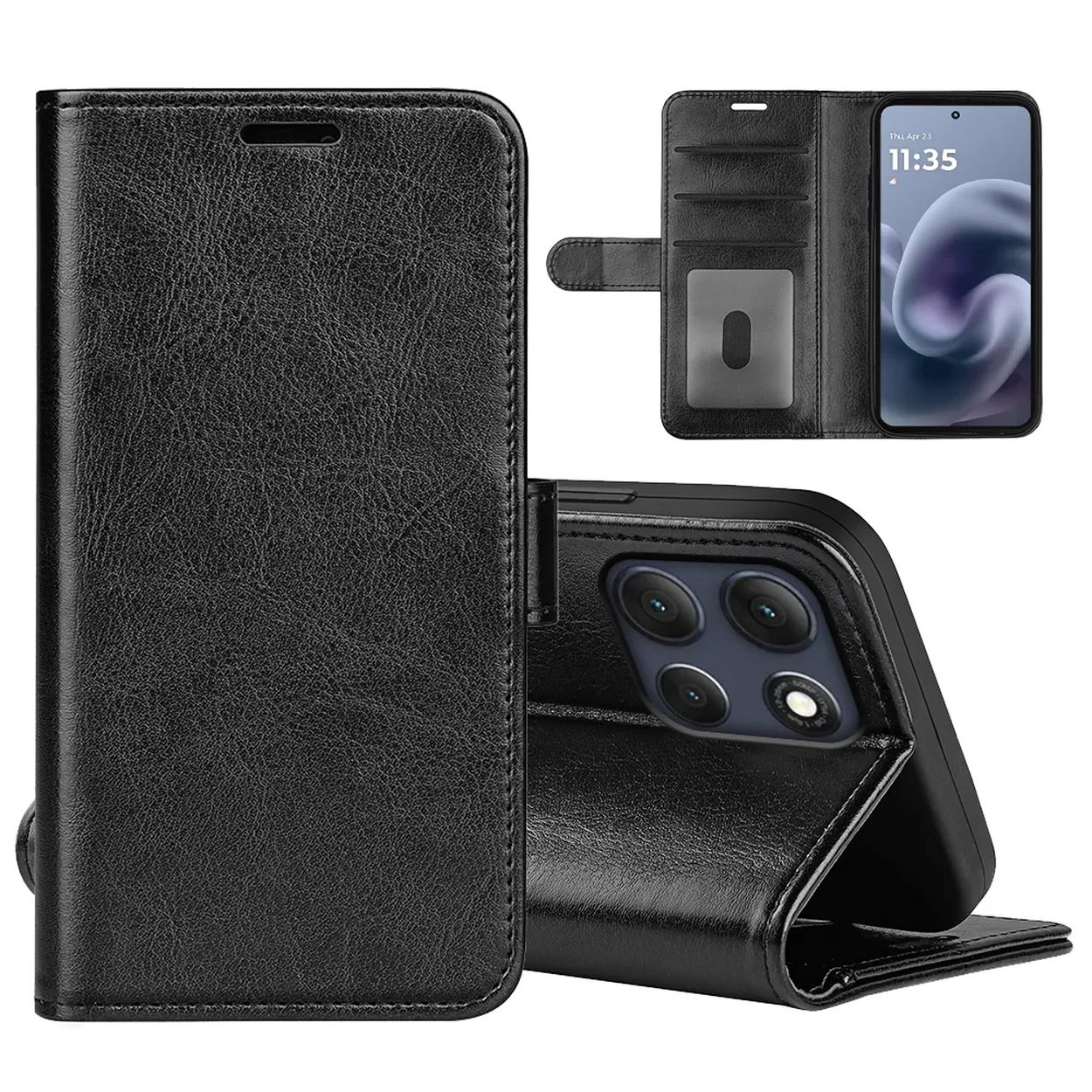 Un étui de téléphone en cuir noir. L'étui du téléphone est montré ouvert et fermé. Le téléphone a un écran qui affiche 11:35.