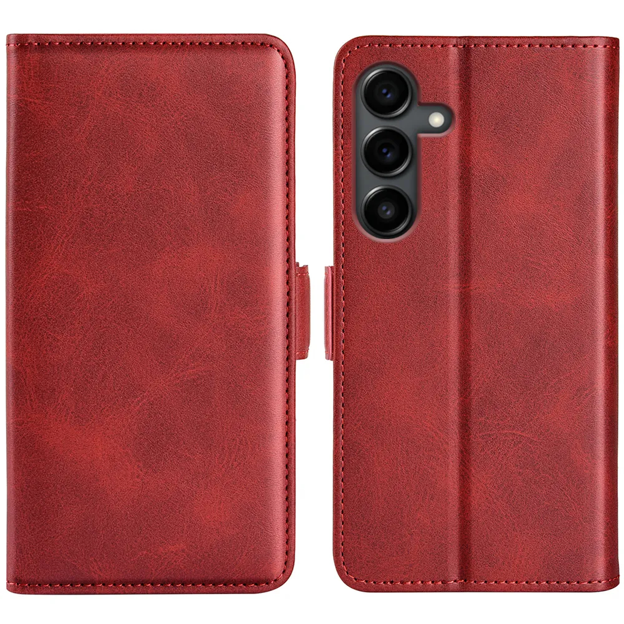 Een rode leren telefoonhoes. De hoes is open en toont de camera van de telefoon en een flap. De hoes is rondom gestikt.