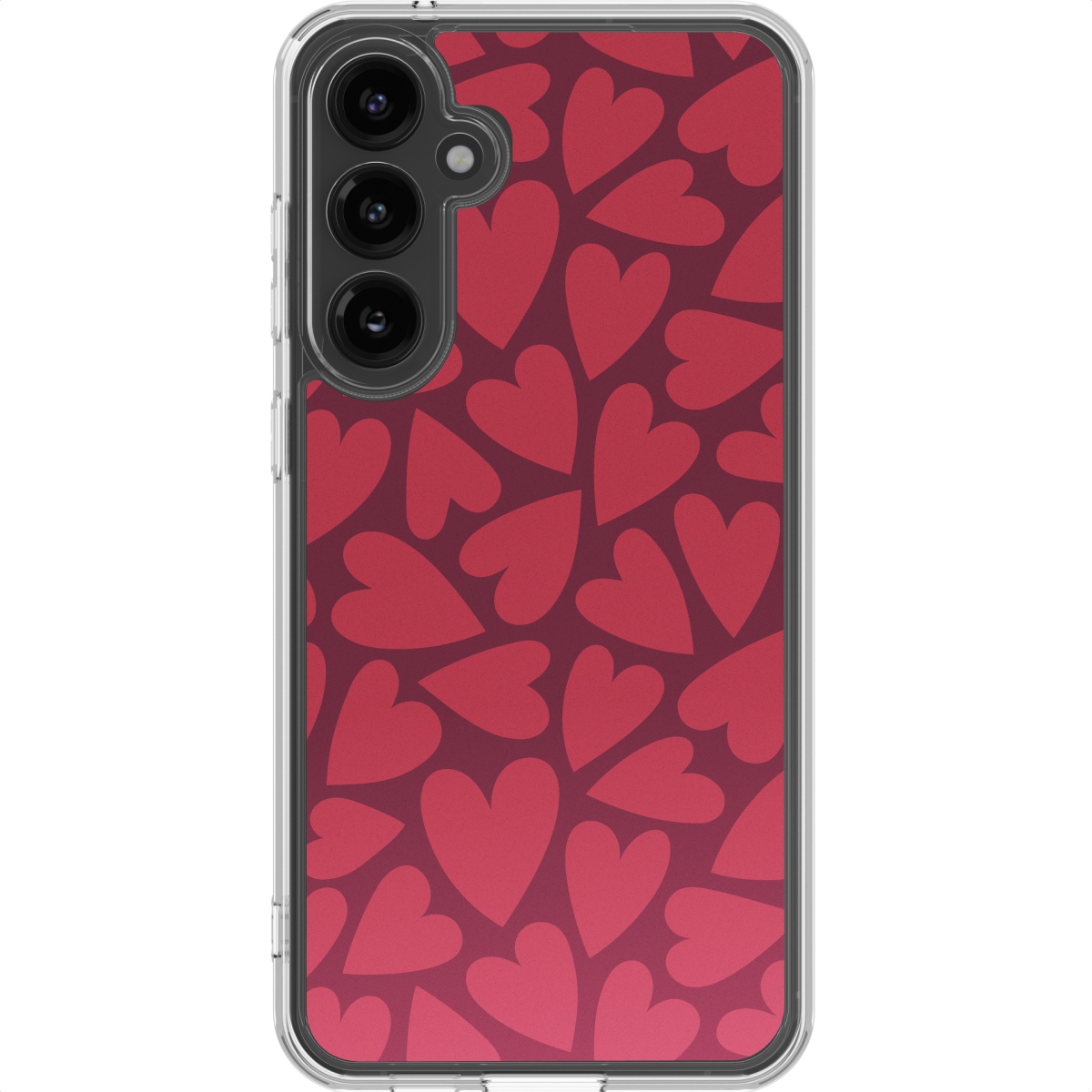 Een telefoonhoesje met een rood hartpatroon op een verloopachtergrond. De telefoon heeft een drievoudige cameralens en een transparant frame.