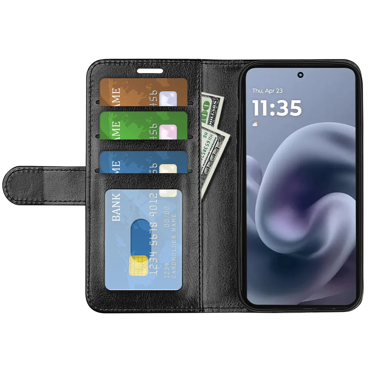 Étui de téléphone noir avec cartes et espèces. Un téléphone affiche l'heure. L'étui contient des cartes de crédit et un billet de banque.