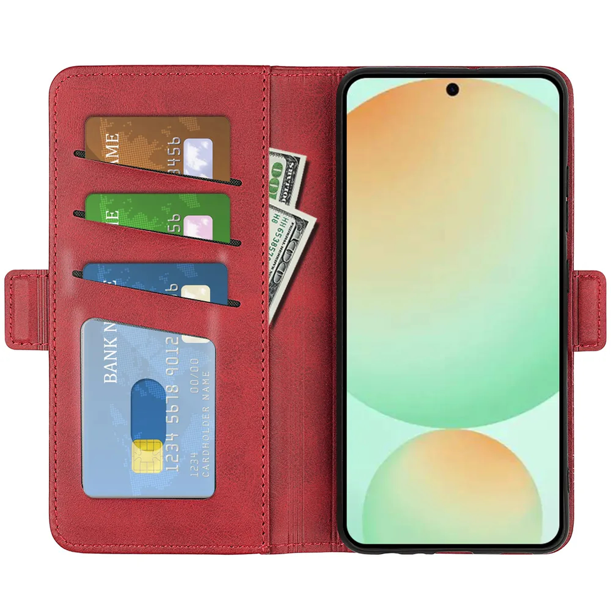 Rode telefoonhoes met kaarten en geld. De telefoon toont groene en gele cirkels. Kaarten zijn onder meer een bankpas en creditcards.
