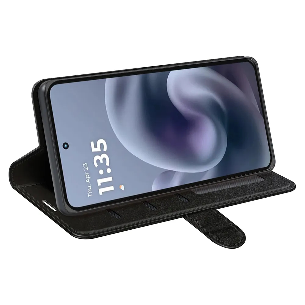 Un smartphone dans un étui folio noir. L'écran affiche l'heure et la date. L'étui est ouvert, montrant le téléphone relevé.
