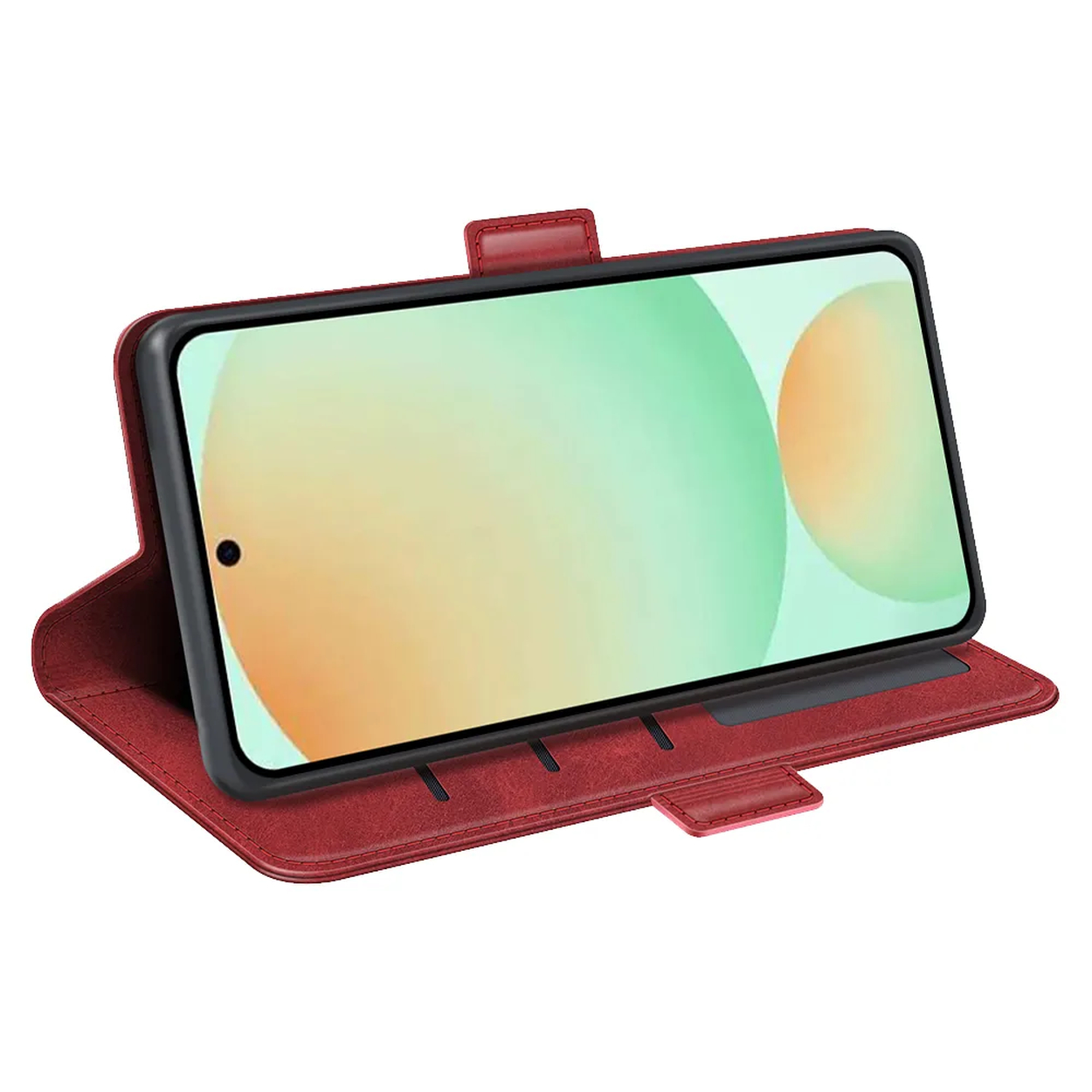 Een rode telefoonhoes met een telefoon erin. De telefoon toont een groen en gele achtergrond. De hoes is open en heeft een sluiting.