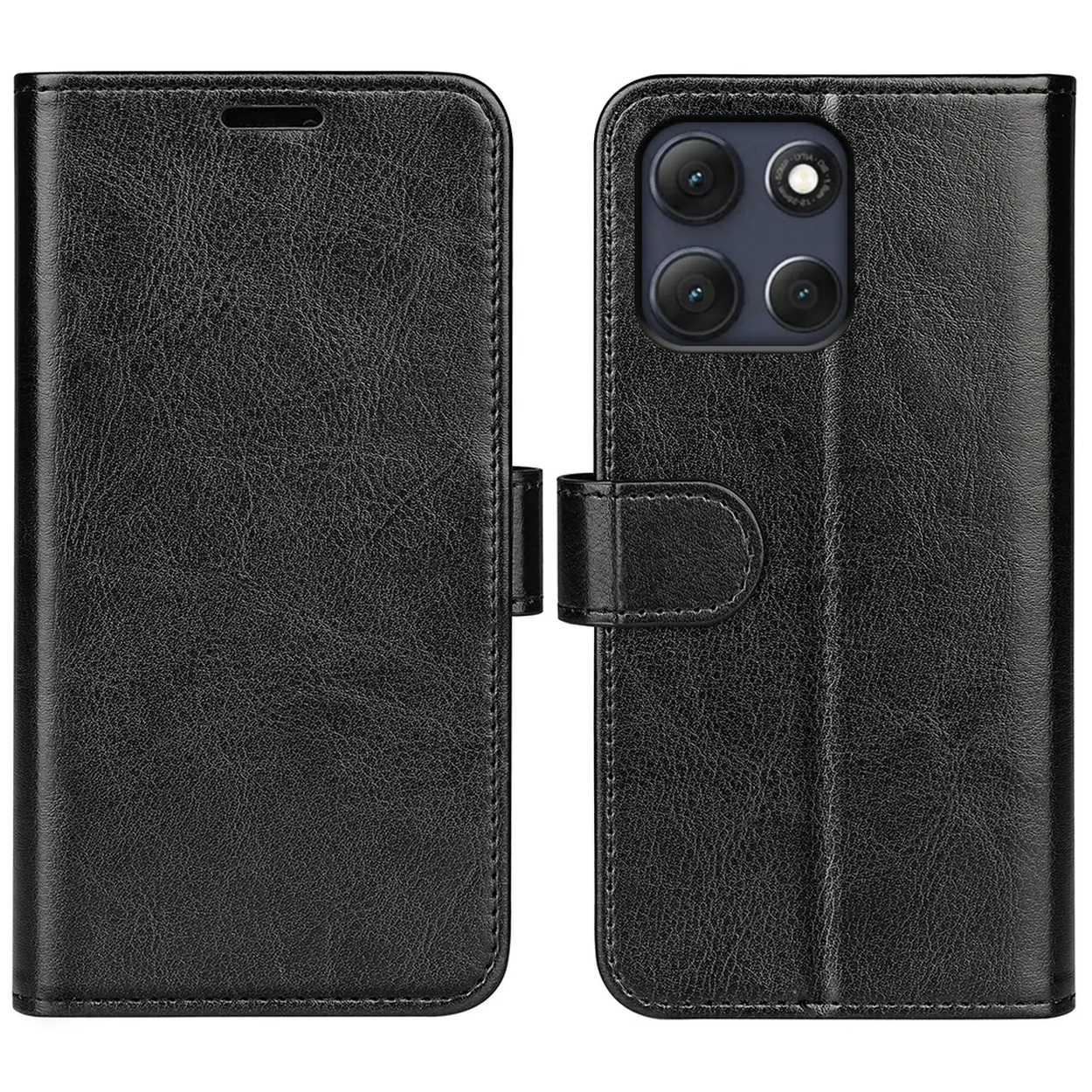 Étui de téléphone en cuir noir ouvert montrant le téléphone. L'étui a une fermeture magnétique et une finition texturée.