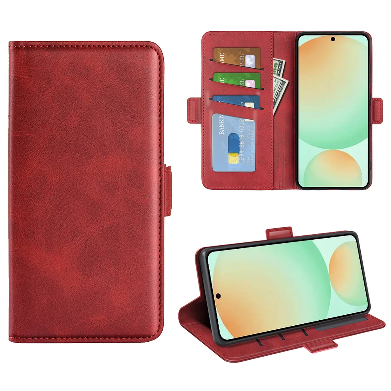 Rode leren telefoonhoes met telefoon, kaarten en contant geld. Telefoon toont een kleurrijke abstracte achtergrond.