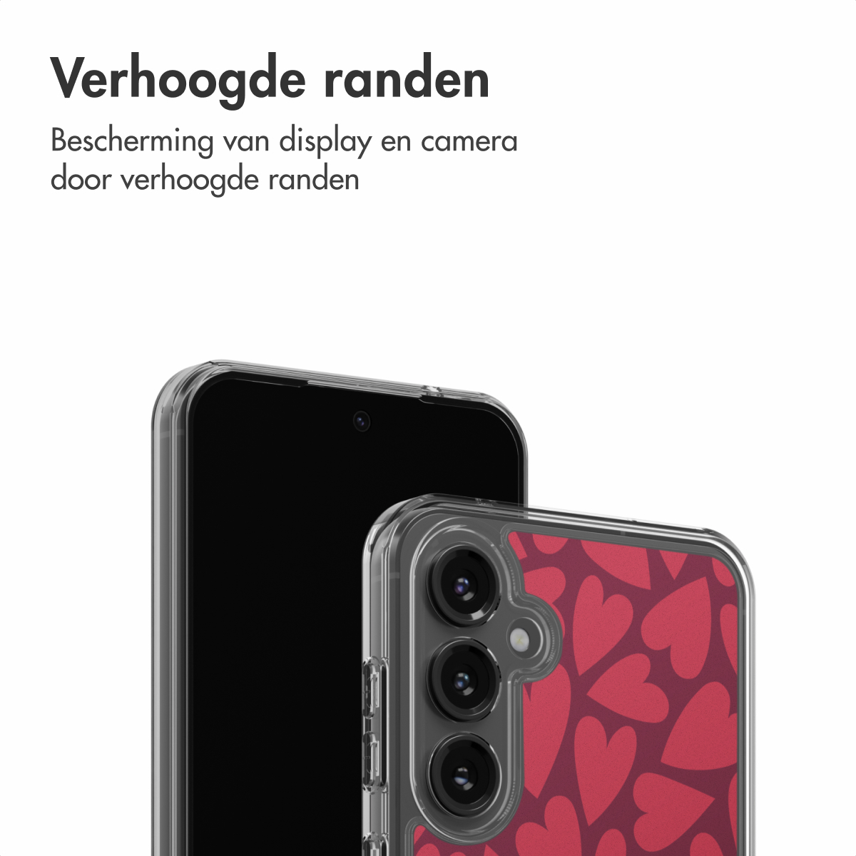 Twee smartphones, één met zwart scherm. De andere met een rood hartjespatroon. Beschermhoes met verhoogde randen voor scherm en camera.