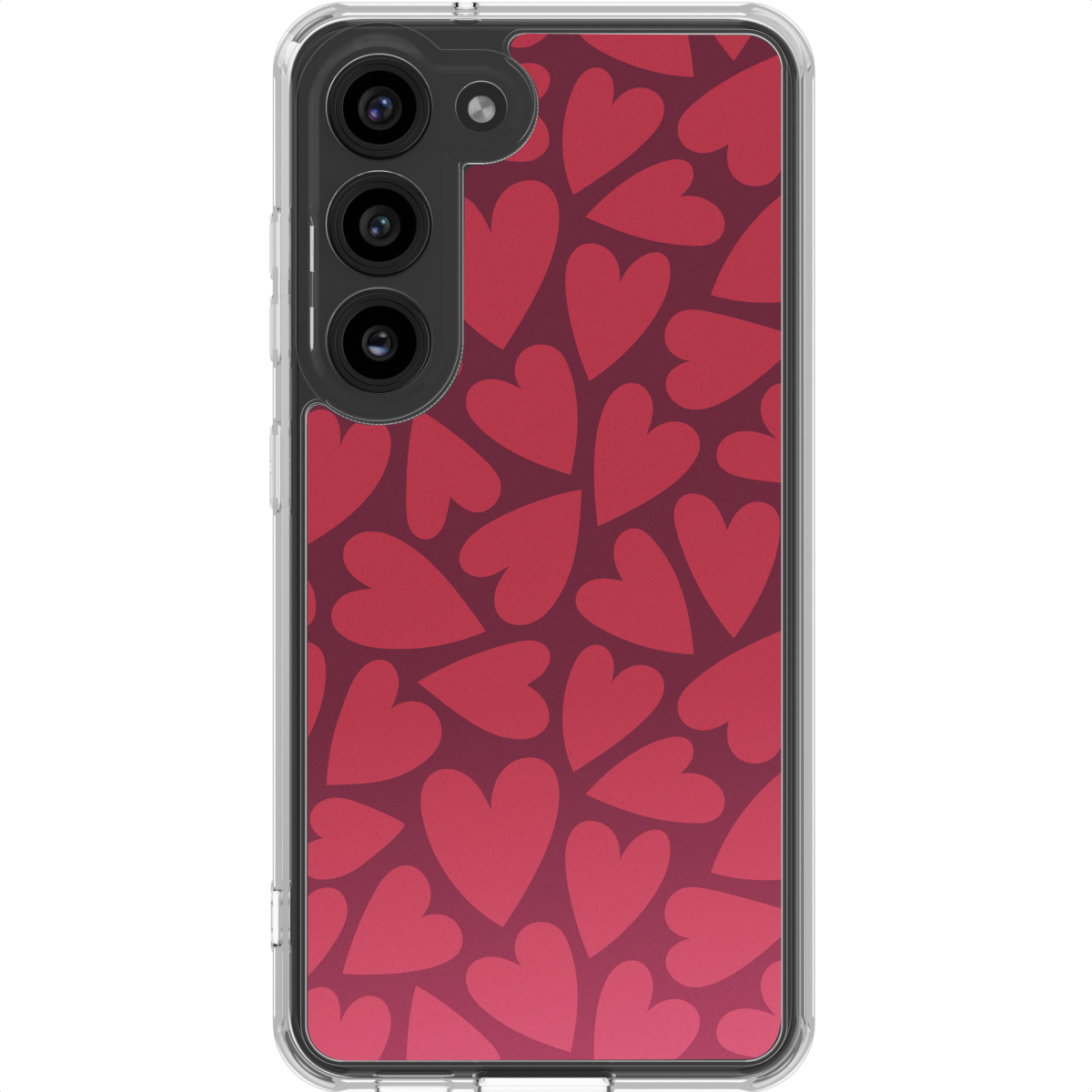 Una custodia per smartphone con un motivo di cuori rossi su sfondo bordeaux. La custodia ha un bordo trasparente.