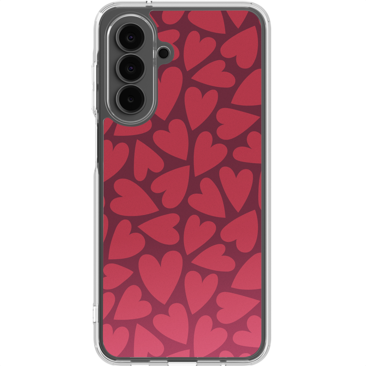Een telefoon met een doorzichtige hoes, met een patroon van rode harten op een gradiëntachtergrond.