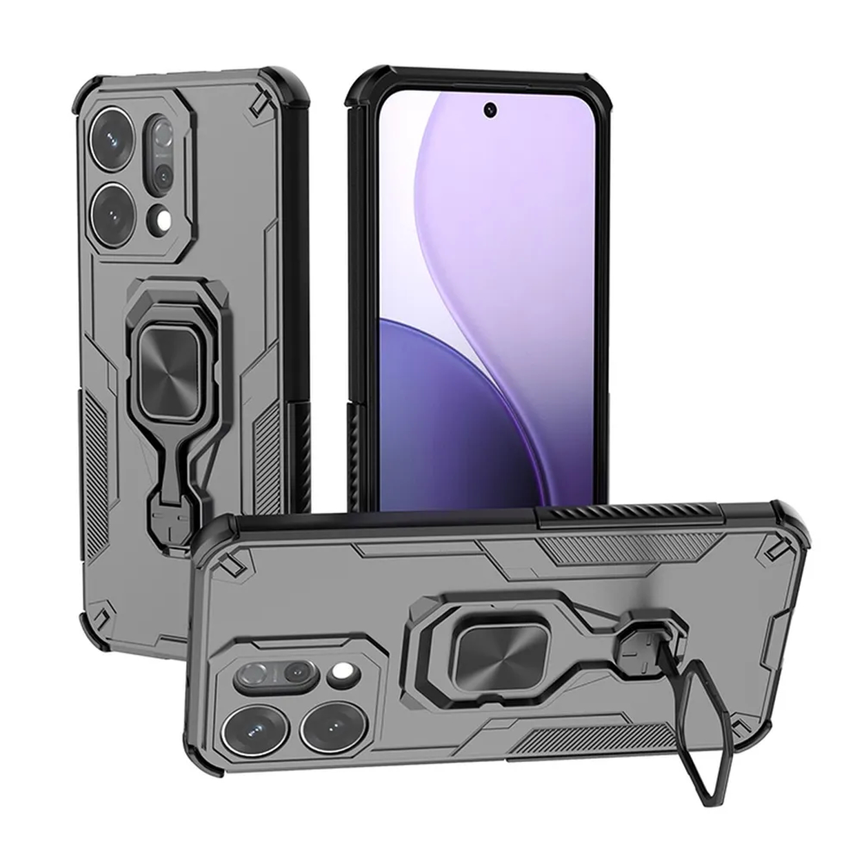 Trois étuis de téléphone gris avec des accents noirs sont affichés. L'un a un téléphone à l'intérieur. Chaque étui a un porte-anneau.