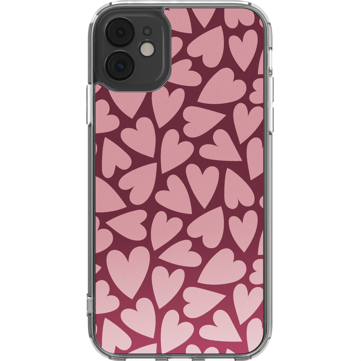 Una custodia per telefono con cuori rosa su sfondo bordeaux. La fotocamera del telefono e la cornice trasparente sono visibili.