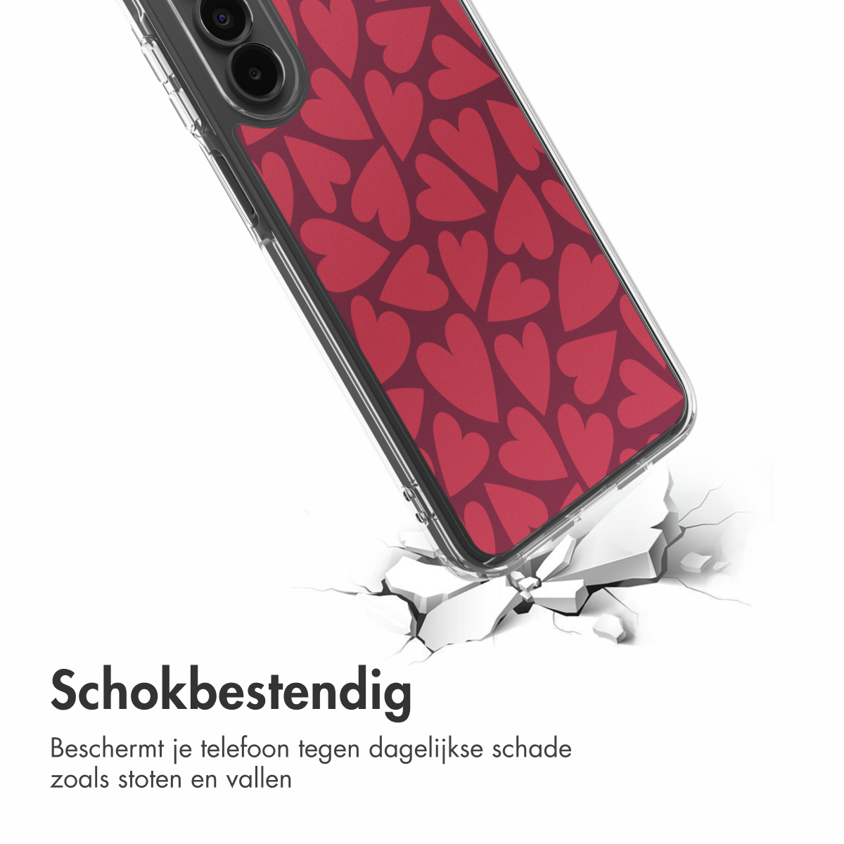 Telefoonhoesje met rode harten op donkerrode achtergrond, licht gekanteld, doorbrekend wit oppervlak. Tekst 'Schokbestendig'.