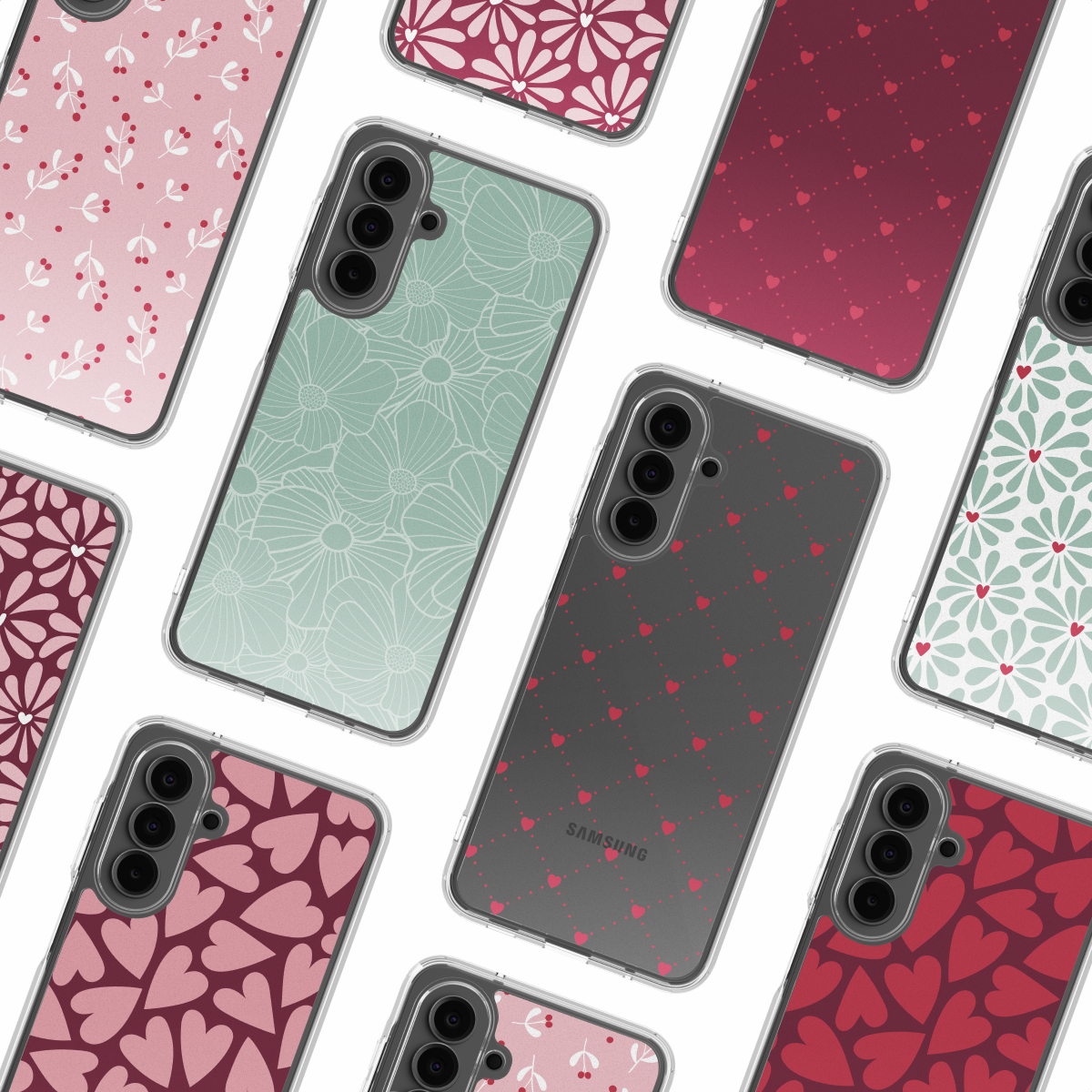 Diverses coques de téléphone avec différents motifs floraux et en forme de cœur. Certaines coques sont roses, rouges et vertes, avec des fonds blancs.