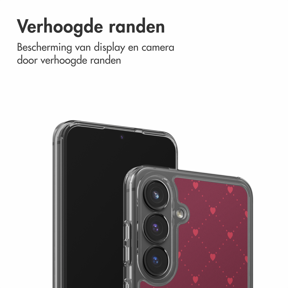 Twee smartphones met hoesjes worden getoond. Eén telefoon is zwart, de andere heeft een rood hartpatroon, met doorzichtige zijkanten.