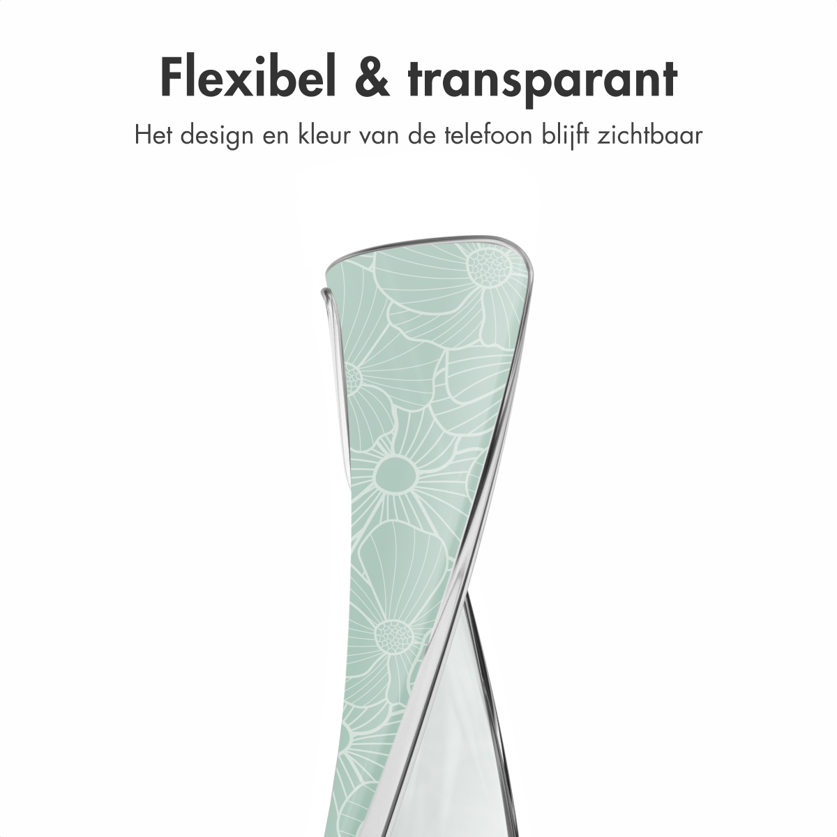 Une coque de téléphone transparente avec un motif floral. Sur fond blanc. Le texte ci-dessus indique 'Flexible & transparent'.