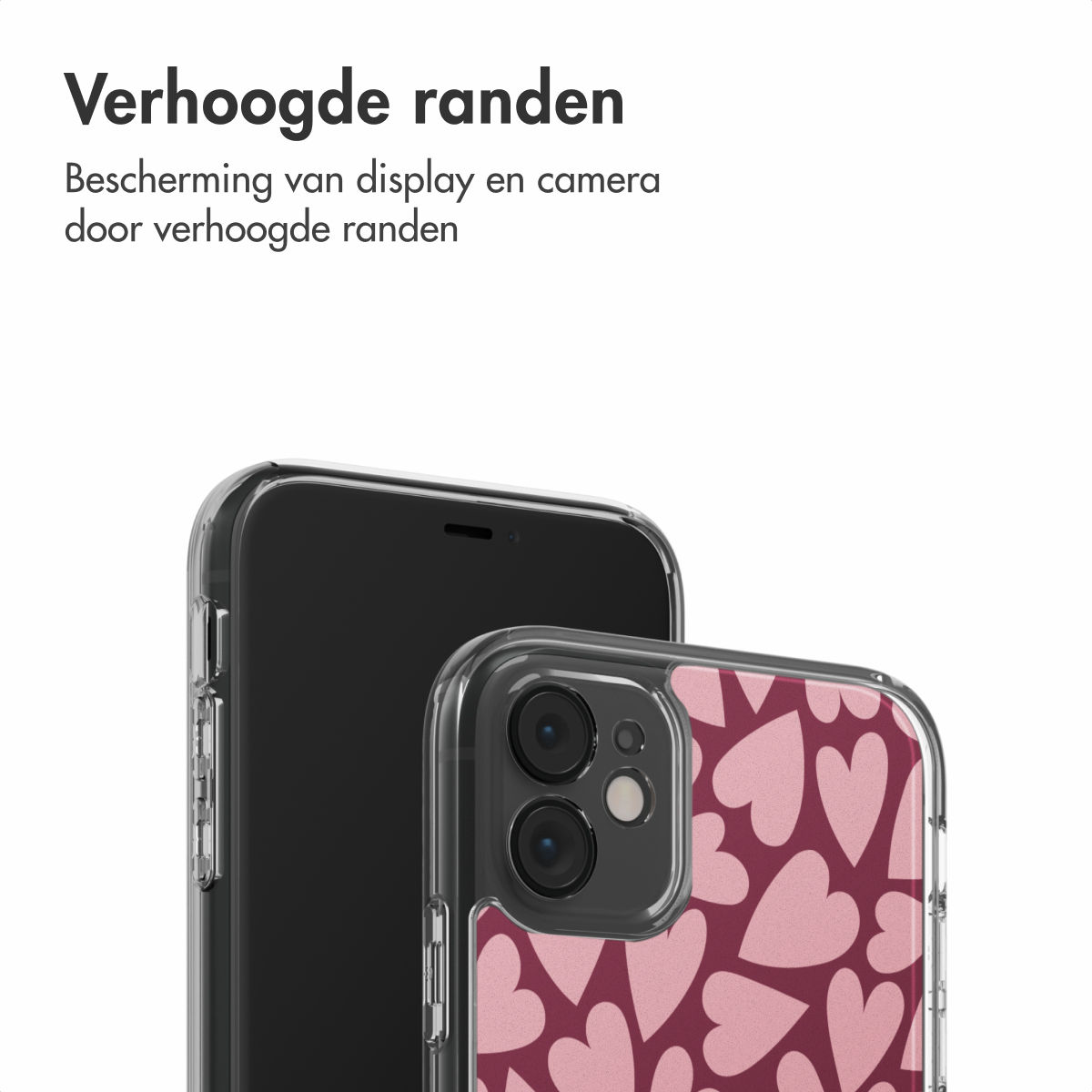 Due smartphone in custodie protettive. Un telefono nero e l'altro con un motivo a cuore rosa su sfondo bordeaux.