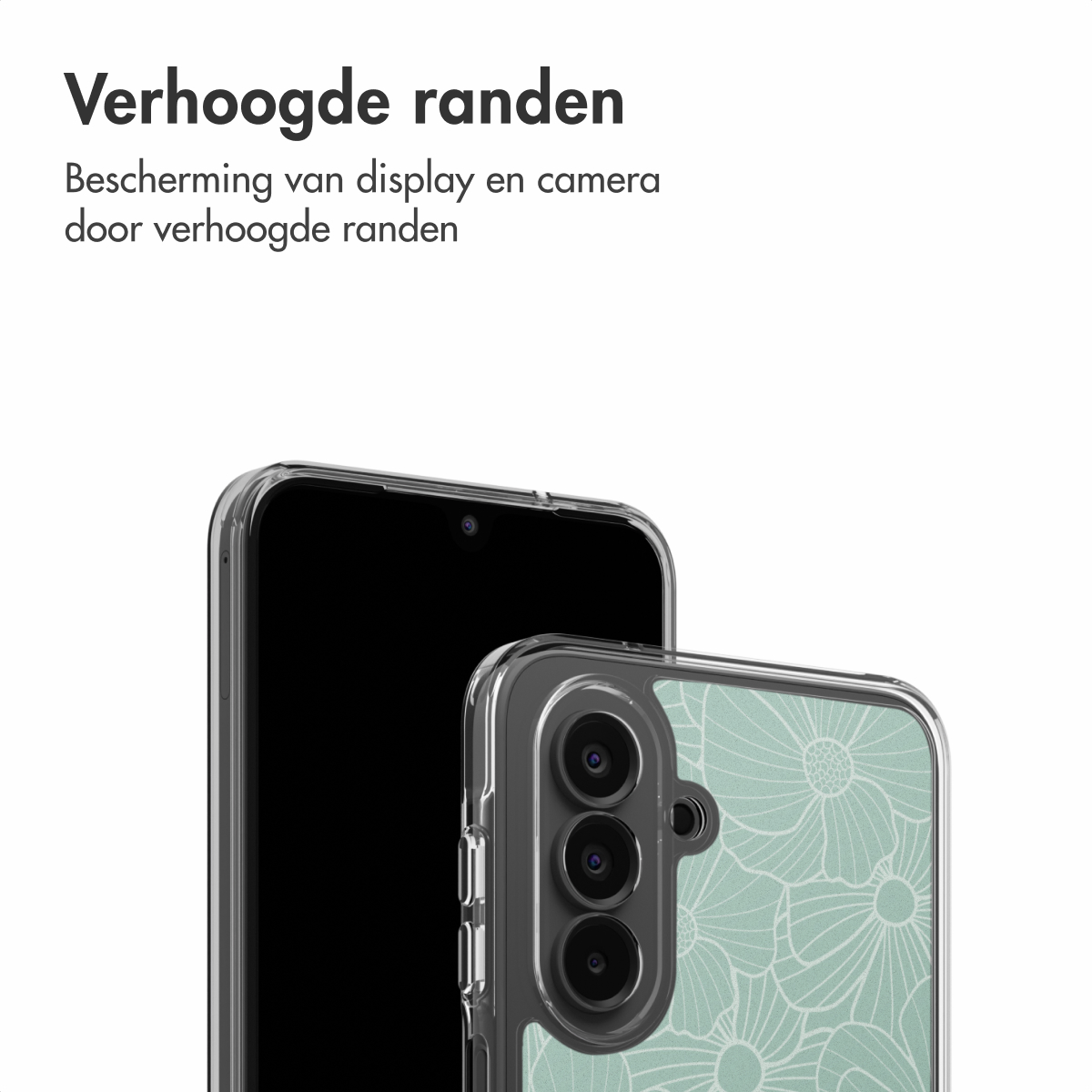 Deux téléphones avec étuis. Un écran noir. L'autre a un motif floral menthe. Texte en haut : 'Verhoogde randen'.