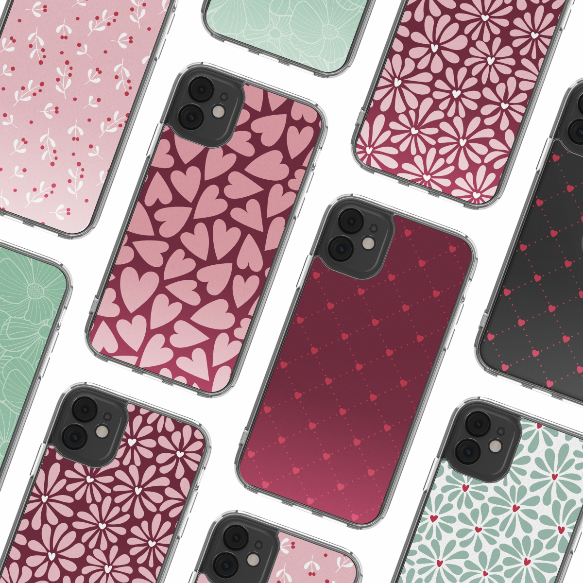 Un collage di custodie per telefoni con vari design: cuori, fiori e pois. I colori includono rosa, rosso e verde. Le custodie sono su sfondo bianco.