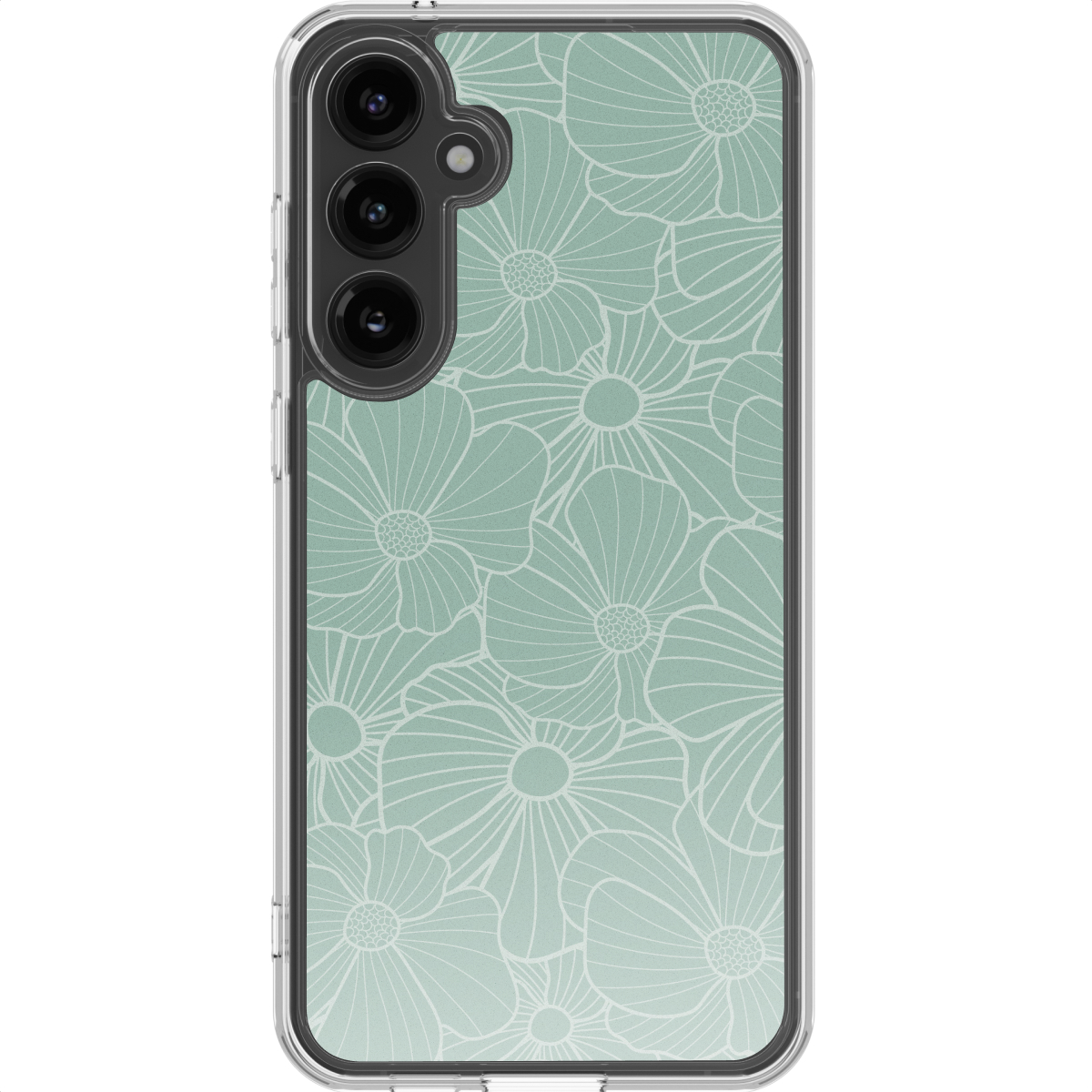 Een telefoonhoesje met een bloemenpatroon in wit op een mintgroene achtergrond. De telefoon heeft een transparant frame met cameralenzen.