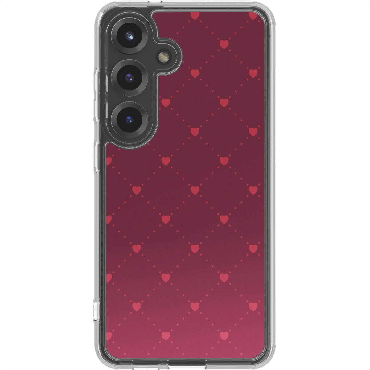 Een telefoonhoesje met een rood hartpatroon op een gradiënt achtergrond. De hoes heeft een heldere rand en een cameramodule.