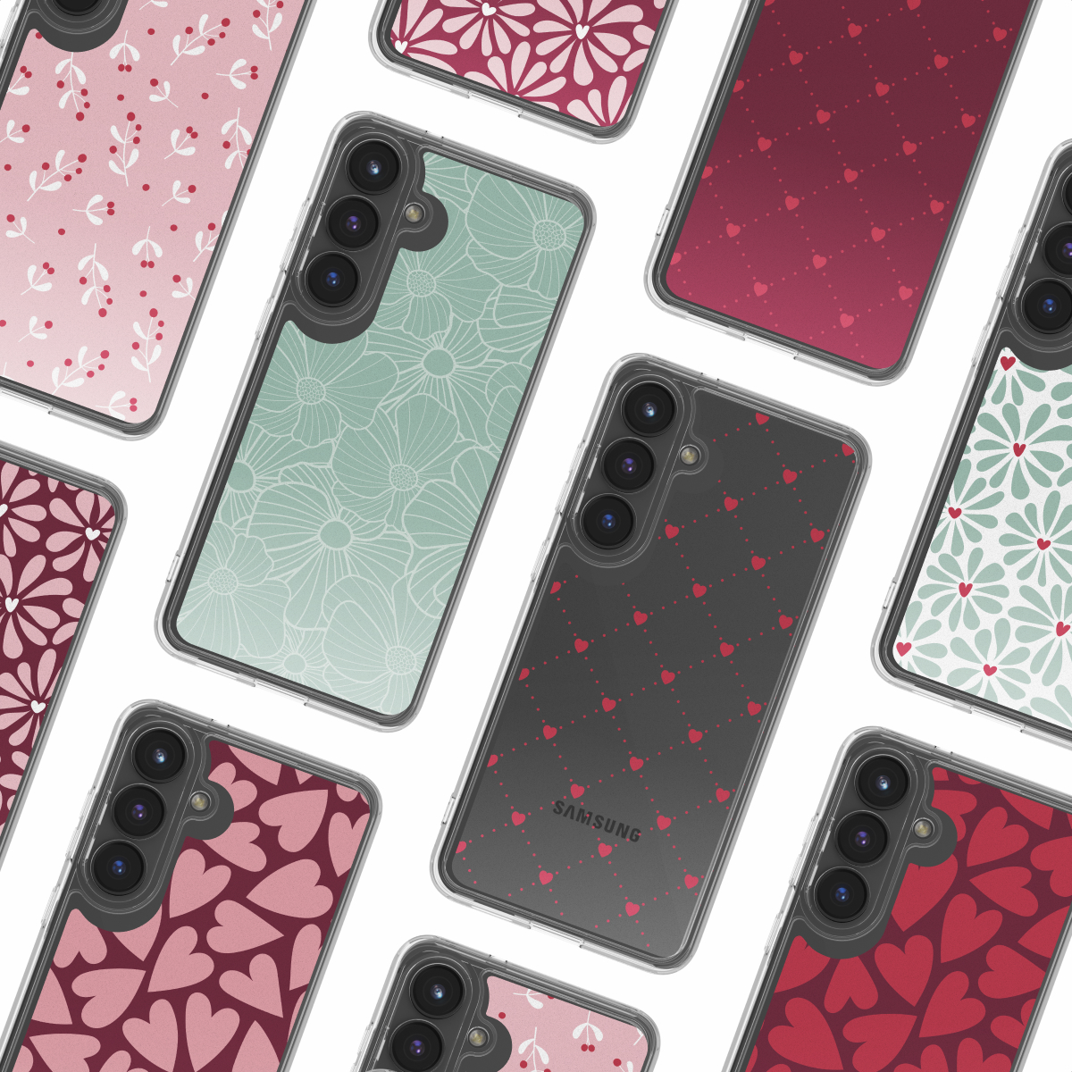 Collectie Samsung telefoonhoesjes met diverse patronen, waaronder bloemen, harten en stippen. Hoesjes zijn in roze, groen en rood.