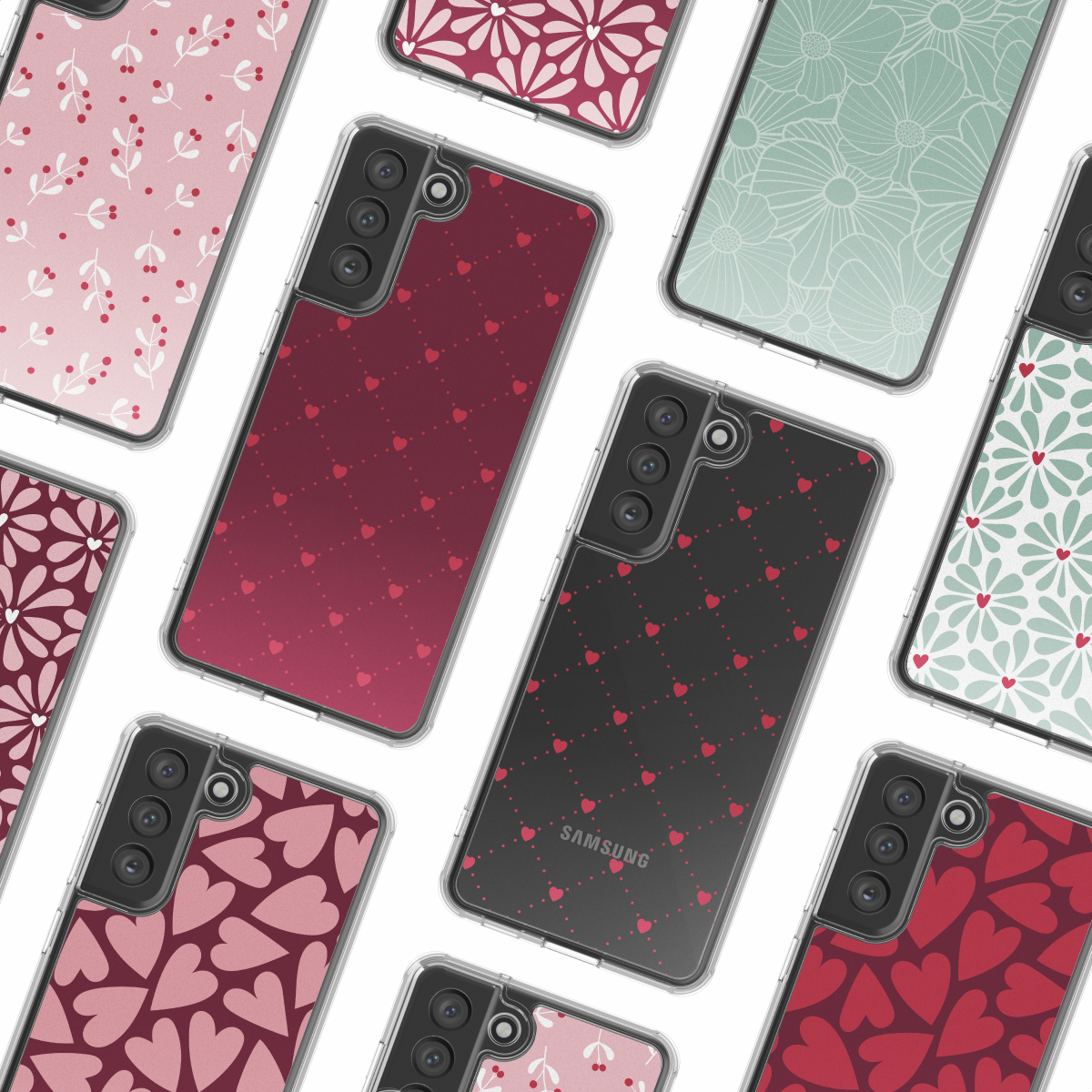 Nove custodie per telefoni con diversi design, tra cui cuori e motivi floreali, disposte su una superficie bianca, con un logo Samsung.