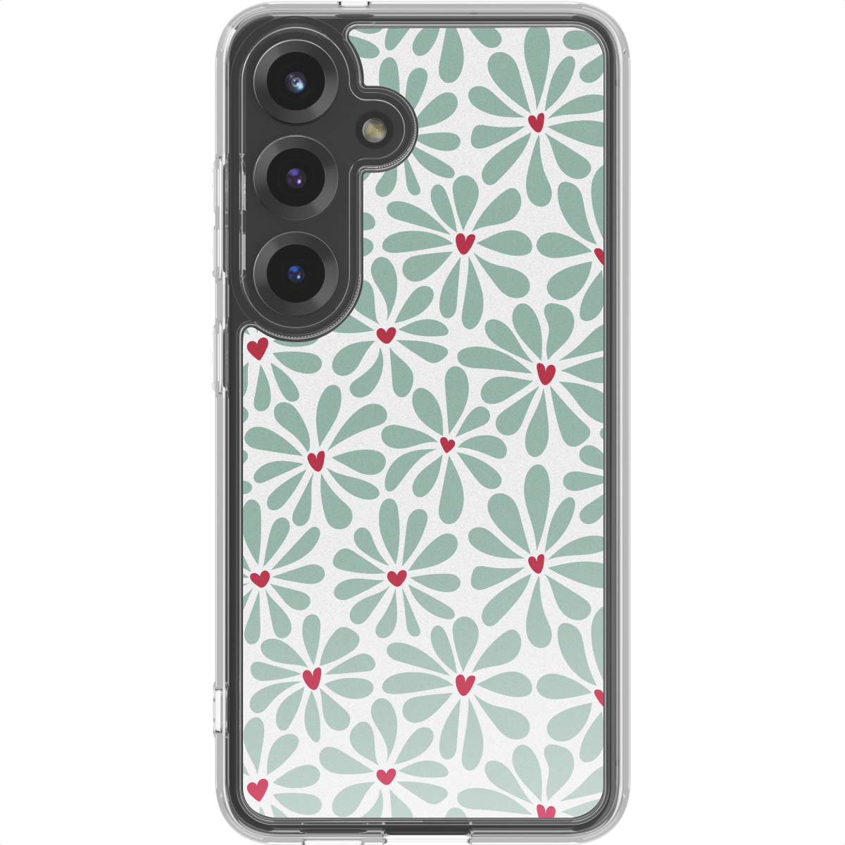Een smartphonehoesje met een bloemenpatroon. Het heeft lichtgroene bloemblaadjes en rode harten in het midden. De telefoon heeft drie camera's.