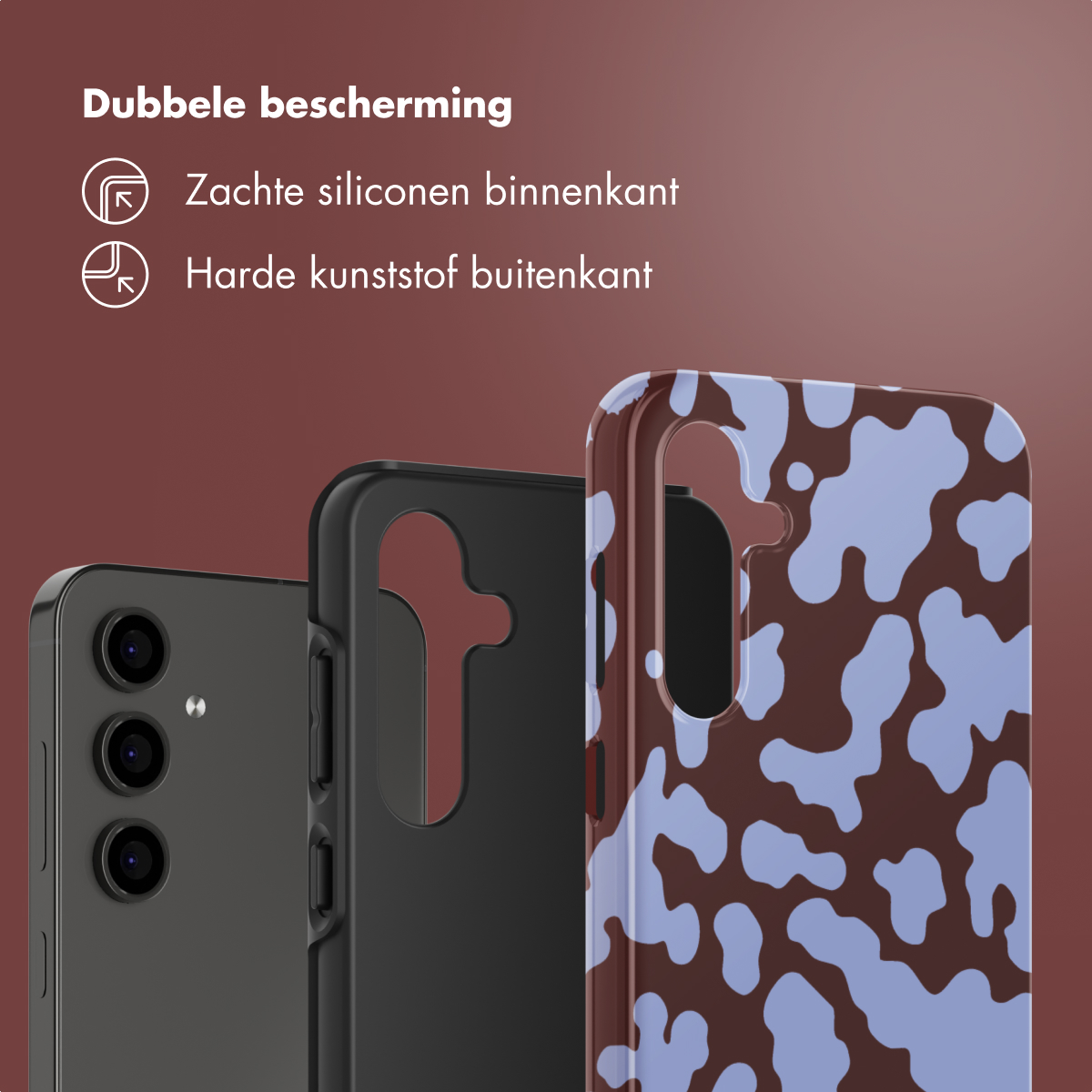 L'immagine mostra custodie per telefoni. Una nera, una con motivo a mucca. Il testo dice 'Doppia protezione: silicone morbido all'interno, plastica dura all'esterno'.