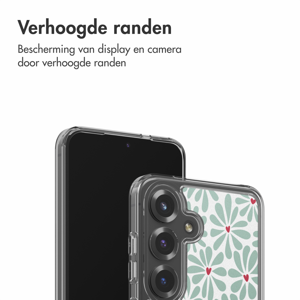Due smartphone, uno con schermo nero, l'altro con custodia floreale. Il testo in alto dice 'Verhoogde randen'.