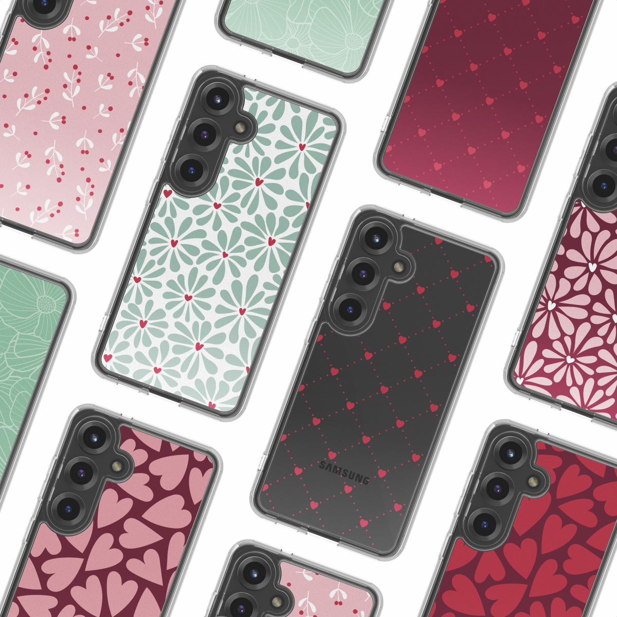 Verschillende telefoonhoesjes met verschillende patronen: bloemen, harten en takken. Kleuren zijn roze, rood, groen en zwart. Samsung-logo is zichtbaar.