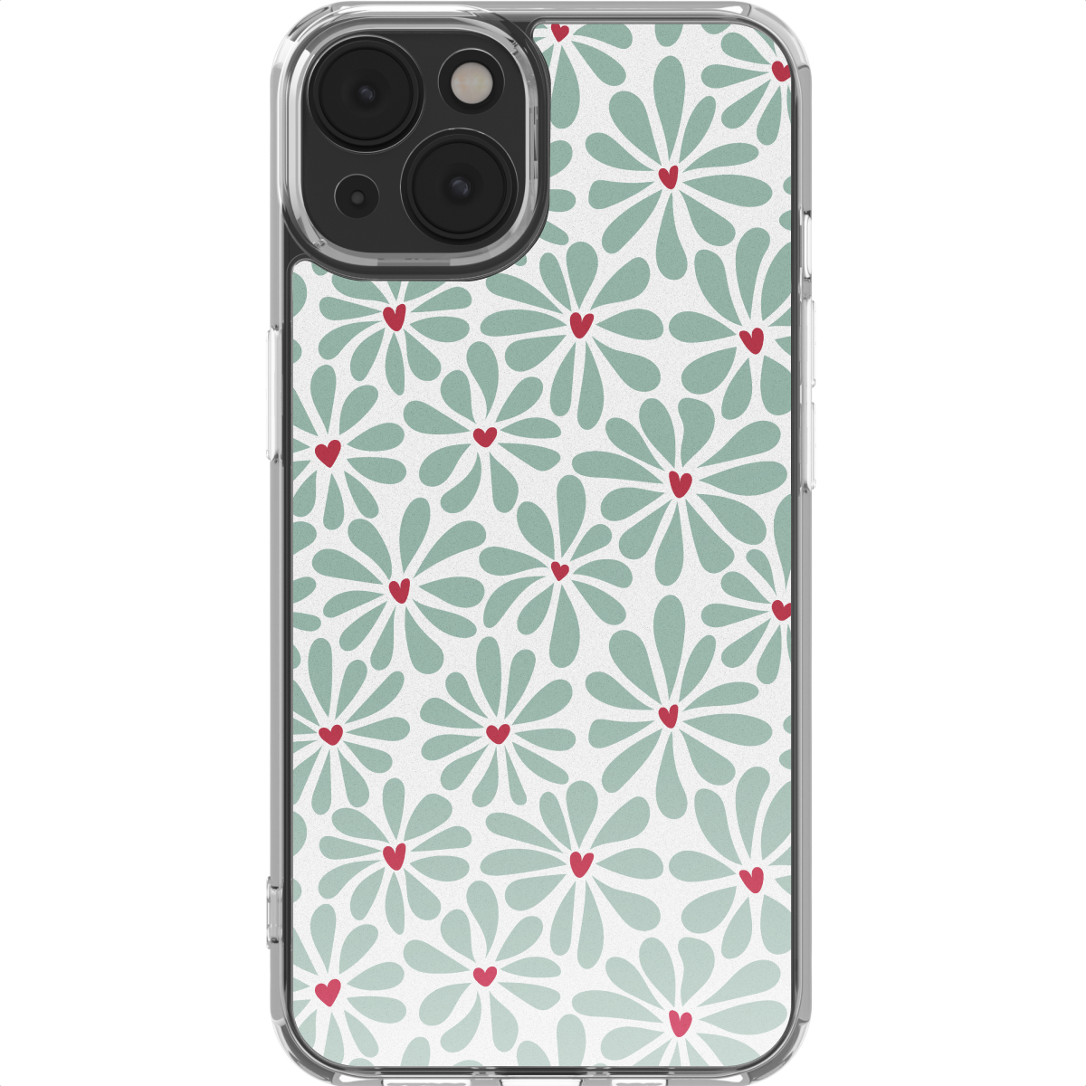 Una custodia per telefono con motivo floreale. I fiori hanno petali verdi e cuori rossi al centro. La custodia ha un bordo trasparente.