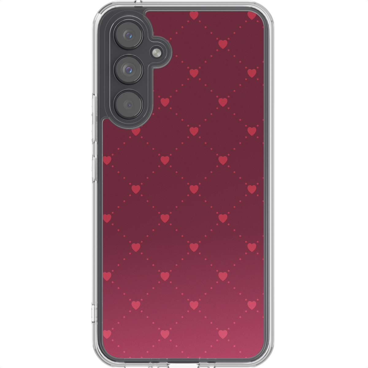 Transparante telefoonhoes met een patroon op de achterkant. Het patroon is een raster van kleine rode harten op een bordeauxrode achtergrond.