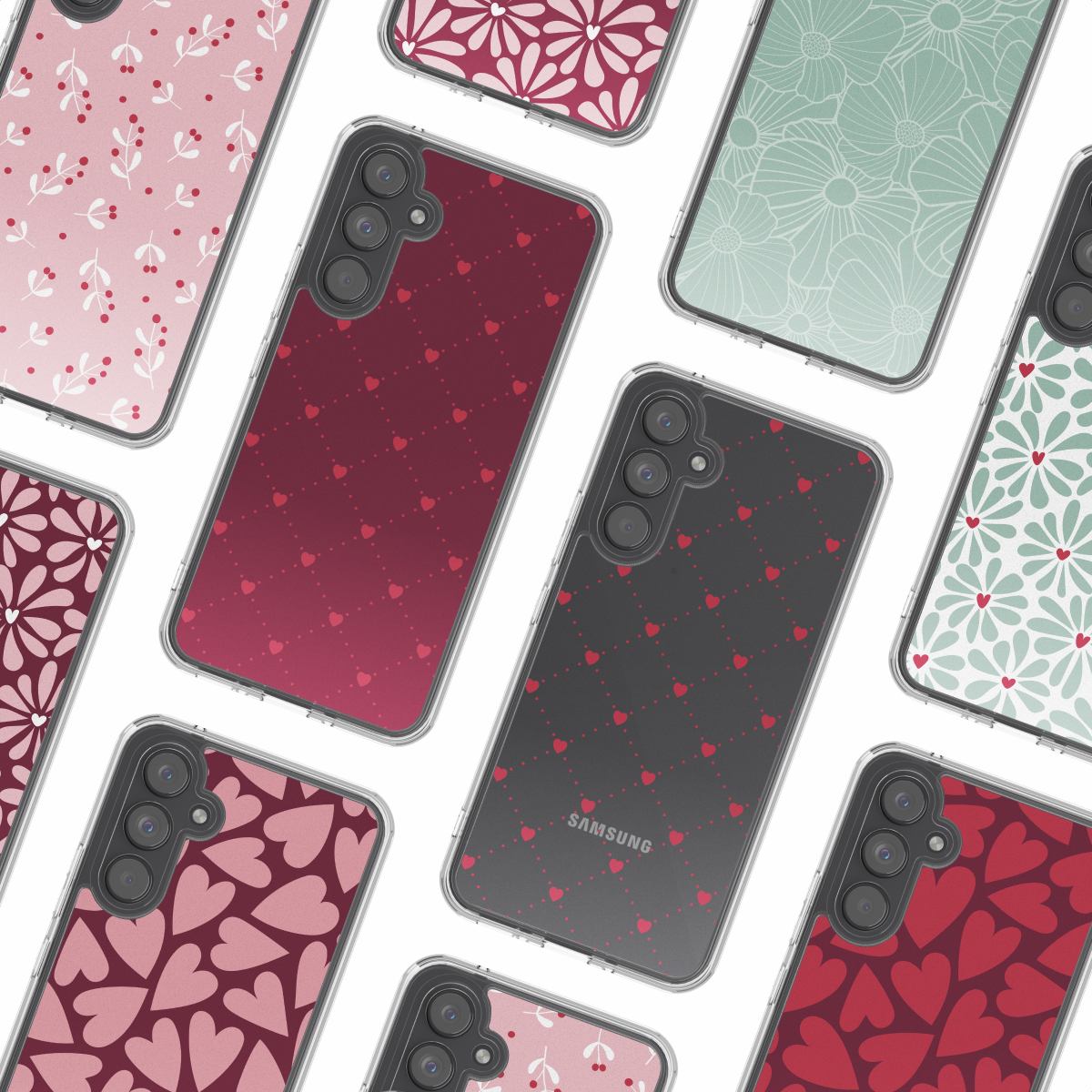 Collectie telefoonhoesjes met verschillende patronen: harten, bloemen en bladeren. Kleuren zijn rood, roze en groen op een witte achtergrond.