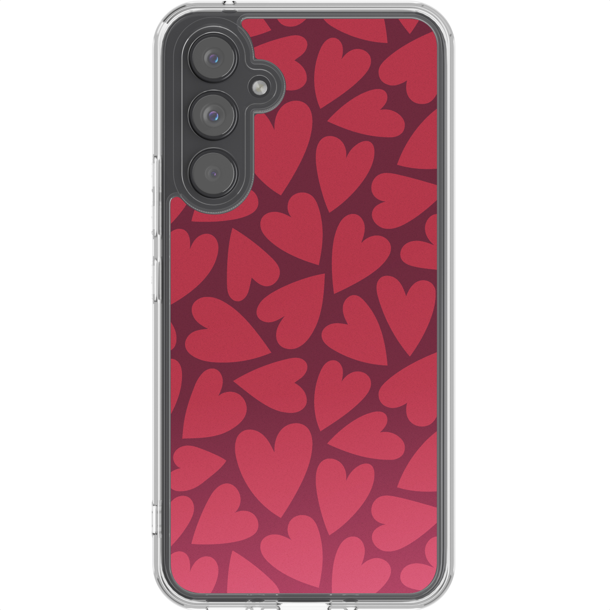 Een telefoonhoesje met een patroon van rode harten op een bordeauxrode achtergrond. Een cameramodule is zichtbaar linksboven.
