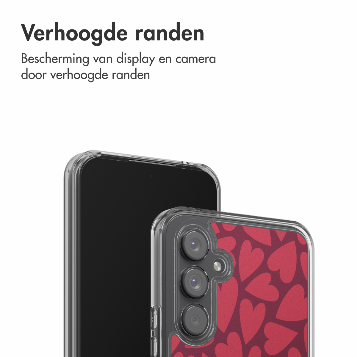 Twee smartphones in transparante hoesjes. Eén telefoon heeft een zwart scherm, de andere heeft een rood hartpatroon op de achterkant.