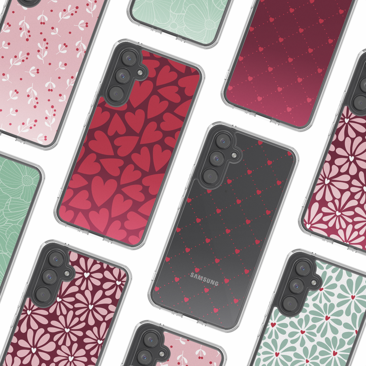 Collectie telefoonhoesjes met diverse patronen: harten, bloemen en bladeren. Kleuren zijn rood, roze en groen, op een witte achtergrond.