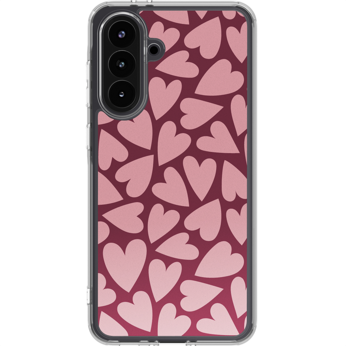 Coque de téléphone avec des cœurs roses sur fond bordeaux. La coque a un bord transparent et un système de caméra à gauche.