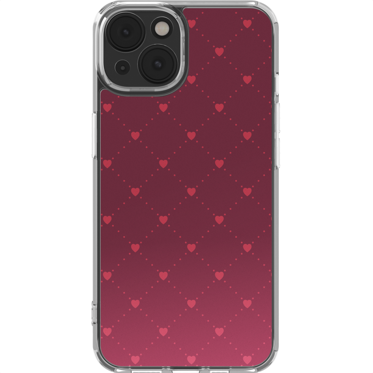 Een telefoonhoesje met een rood hartjespatroon. De hoes is transparant en de harten zijn in een raster op een verlopende achtergrond geplaatst.