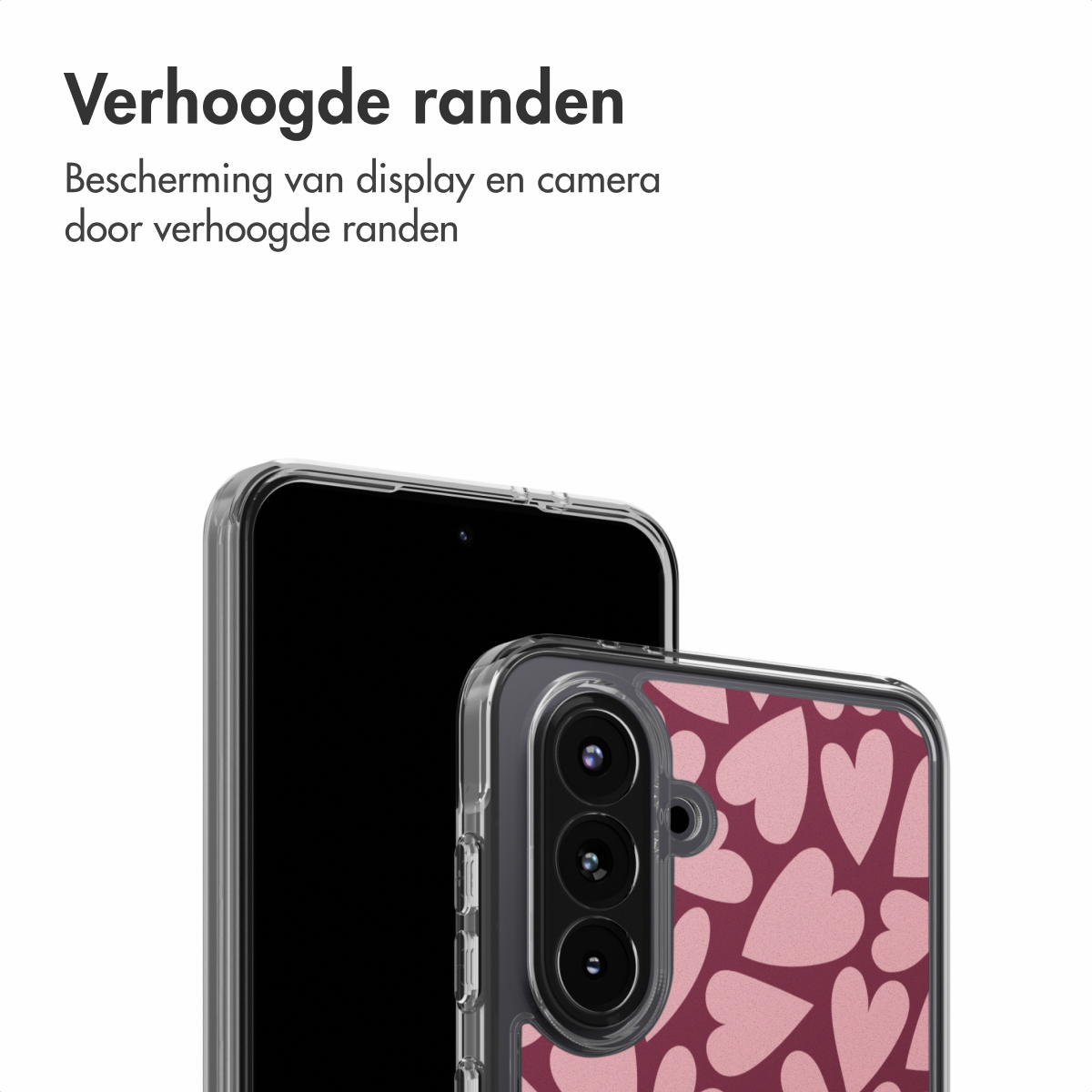 Un smartphone avec une coque à motifs de cœurs. Le téléphone est noir et la coque transparente avec des cœurs roses. Le fond est blanc.