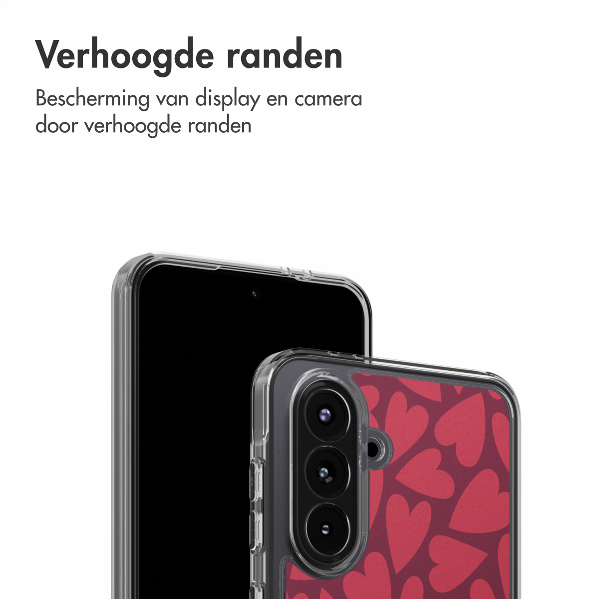 Twee smartphones, één in een doorzichtige hoes en één in een rode hoes met hartjespatroon. Beide telefoons zijn zwart.