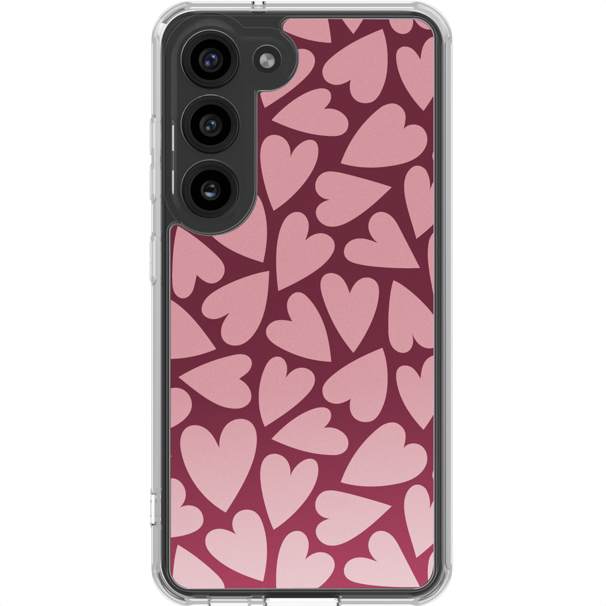 Een telefoonhoesje met een patroon van roze harten op een donkerrode achtergrond. De hoes heeft een doorzichtige rand en een camera-uitsparing.