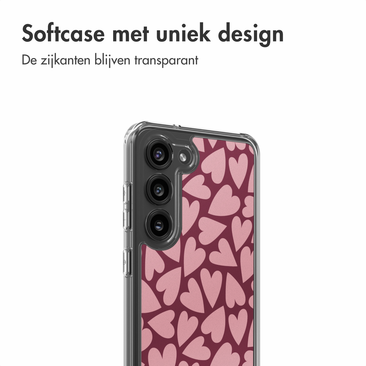Een telefoonhoesje met een roze hartpatroon. De hoes is transparant. De achtergrond is wit.