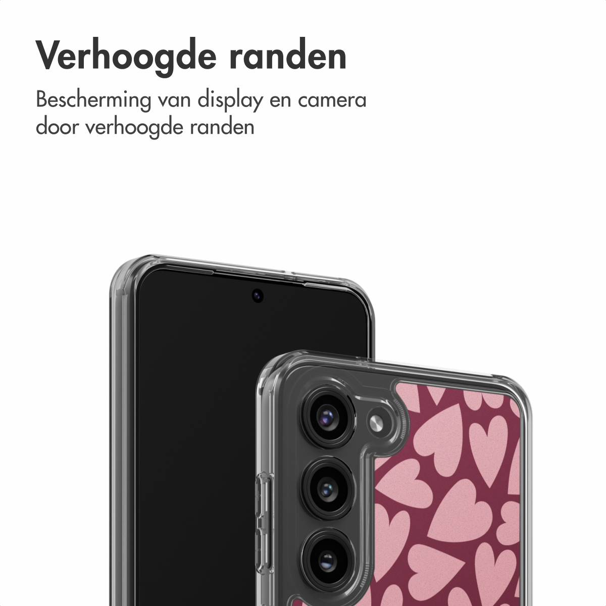 Twee smartphones, één met een doorzichtige hoes en de andere met een roze hartpatroon, worden tegen een witte achtergrond getoond.