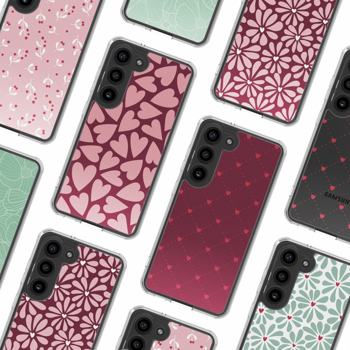 Afbeelding toont meerdere telefoonhoesjes met verschillende patronen: harten, bloemen en stippen. Hoesjes zijn in roze en rode tinten.
