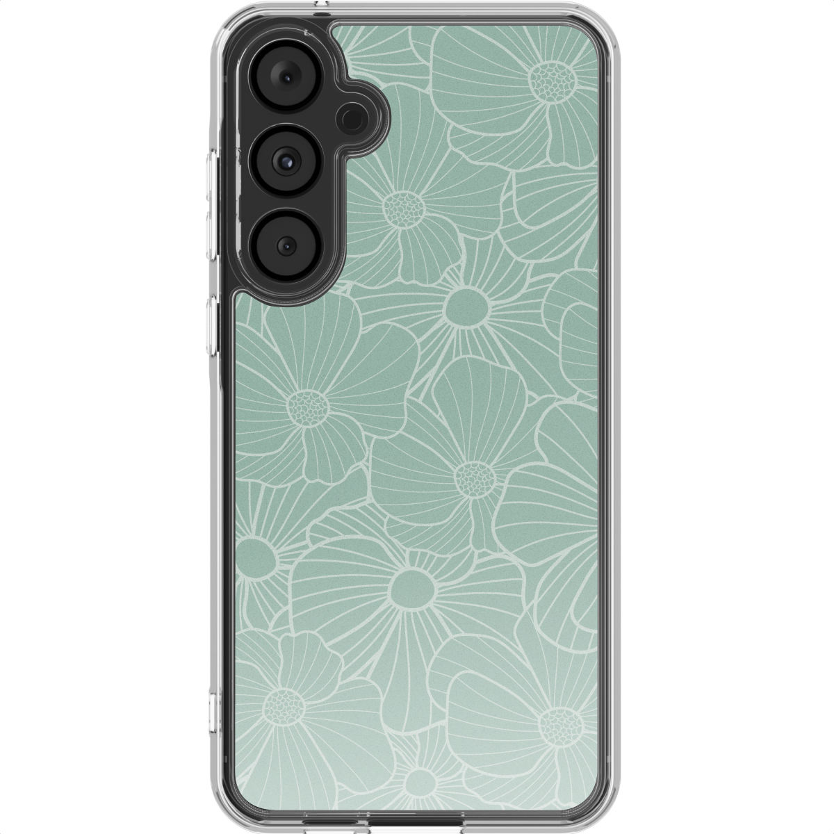 Une coque de téléphone avec un motif floral. La coque est transparente. Le motif floral est blanc sur fond vert clair.